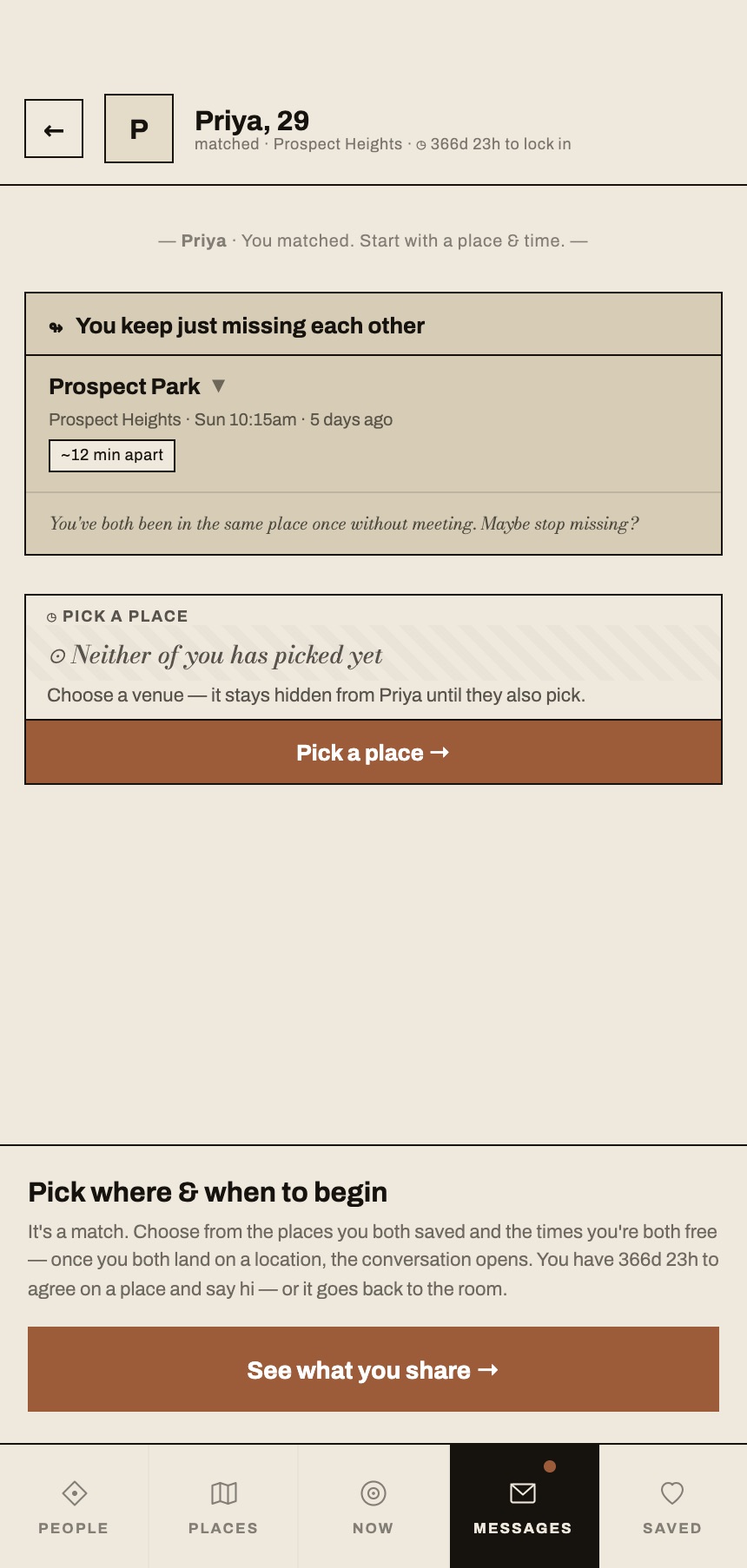A match — pick where and when to begin, hidden from the other side