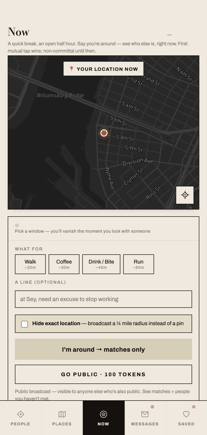 Now — live availability with a fuzzed quarter-mile radius
